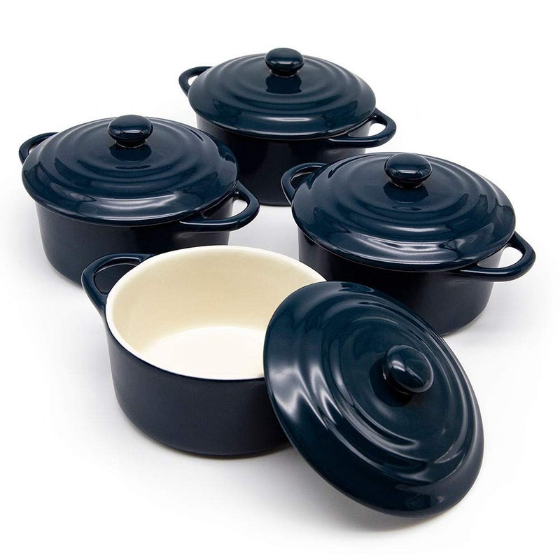 Kook Ceramic Mini Cocotte Set  Small Casserole Dishes with Lids and Handles  Individual Baking Ramekins  Oven  Microwave & Dishwasher Safe  Stoneware  12 oz  Set of 4 (Navy) - Image 1
